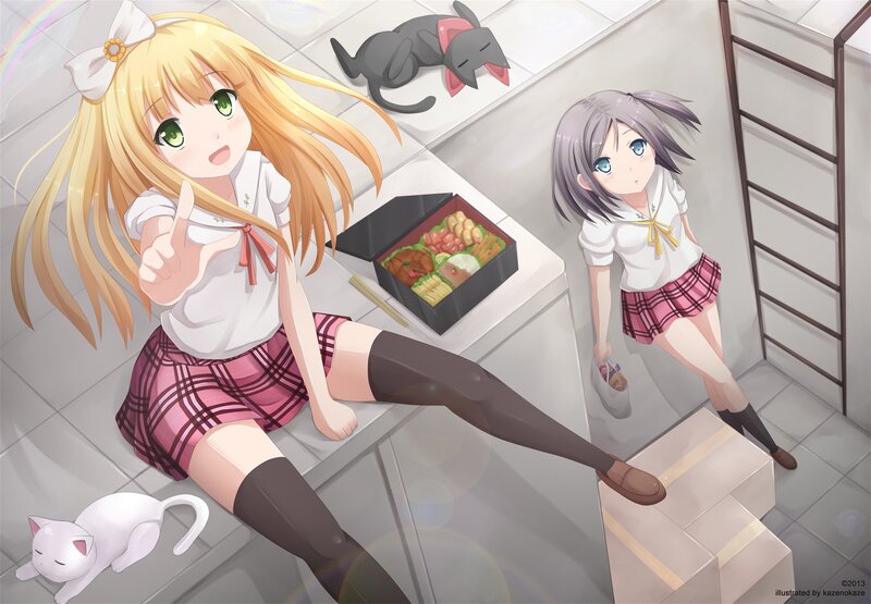 Two Schoolgirls with Cats — White
