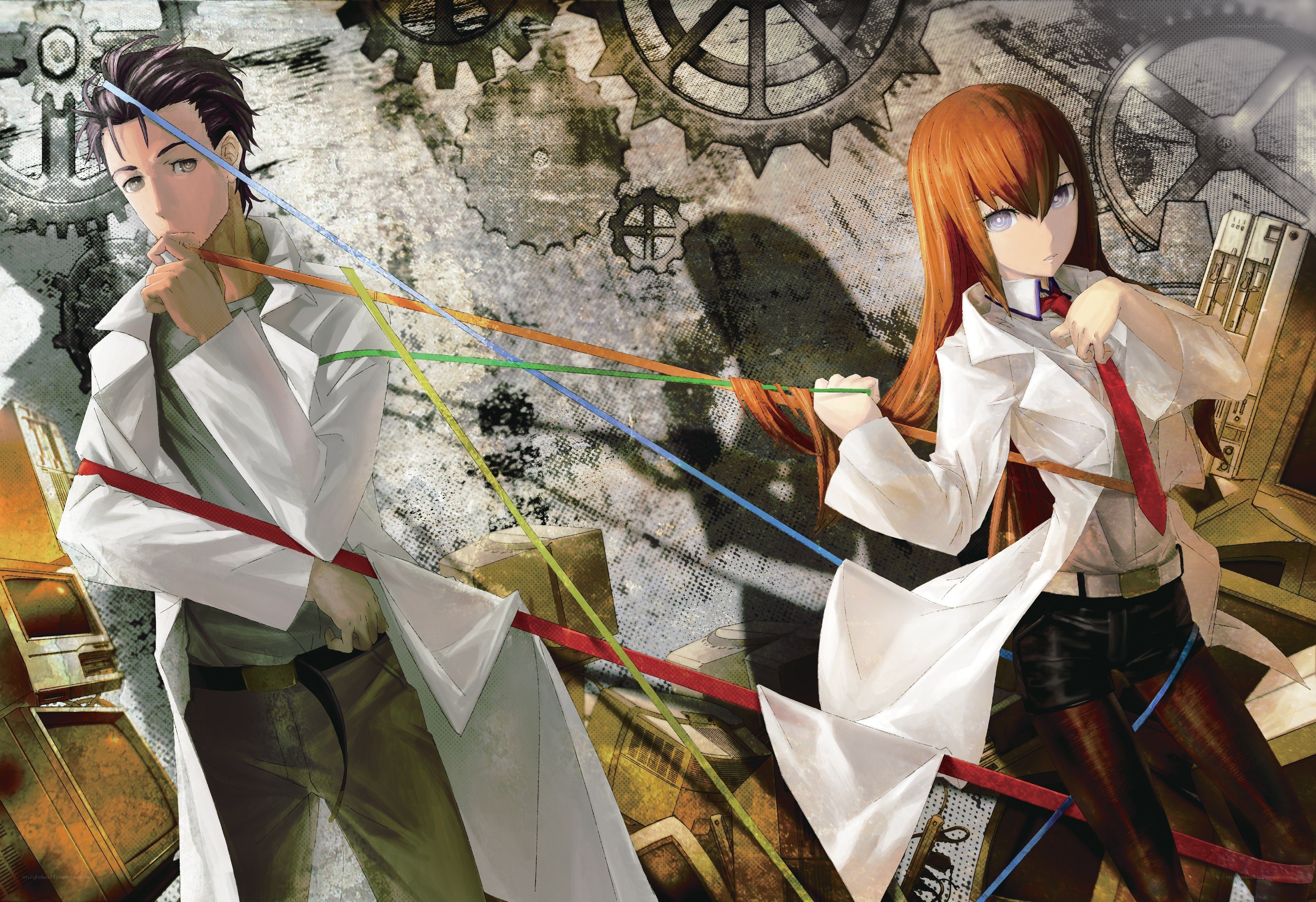 Two scientists with colorful ribbons