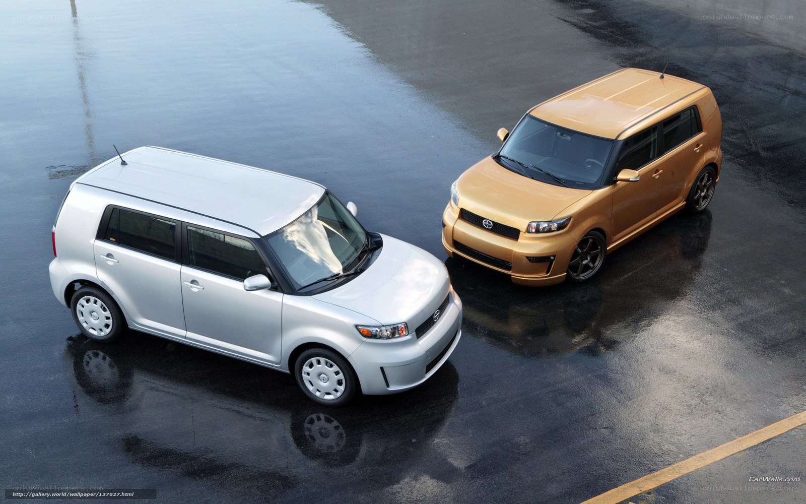 Two Scion xB cars on wet pavement