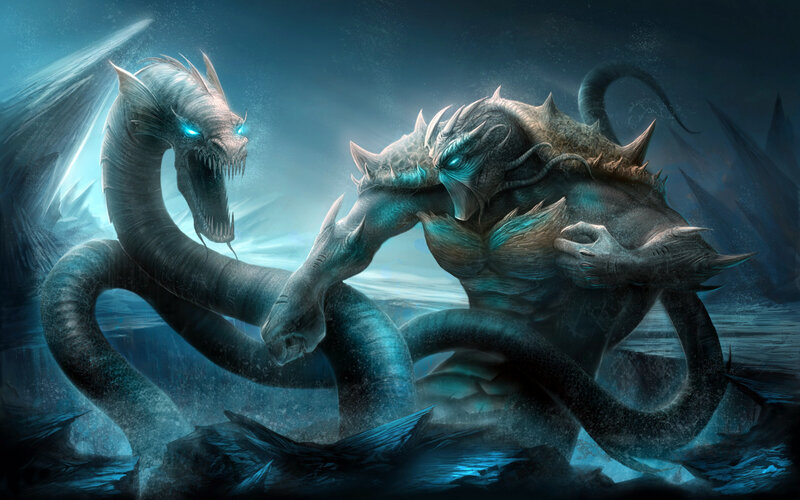 Two Sea Monsters Fighting