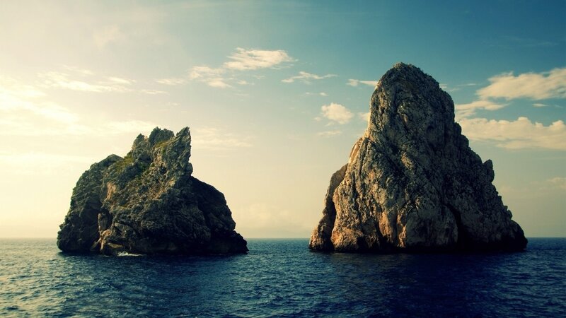 Two sea stacks at sunset
