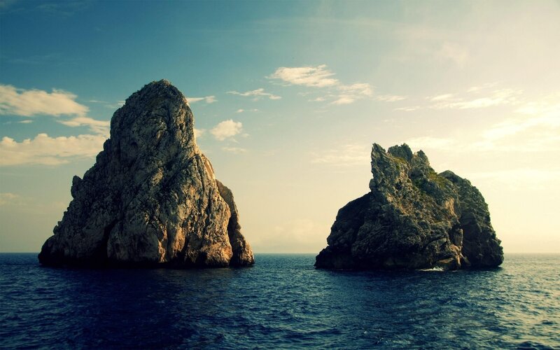 Two Sea Stacks — Blue, Serene, Afternoon