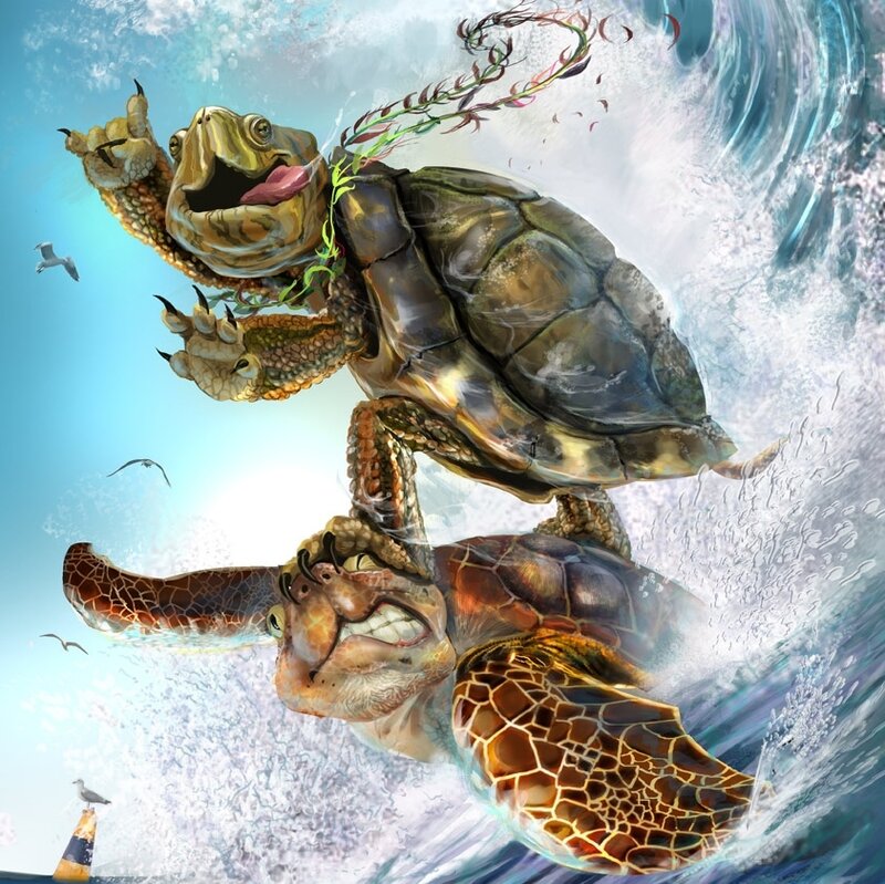 Two Sea Turtles in Waves
