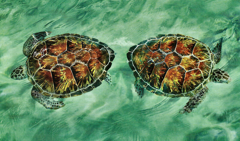 Two Sea Turtles Swimming — Green