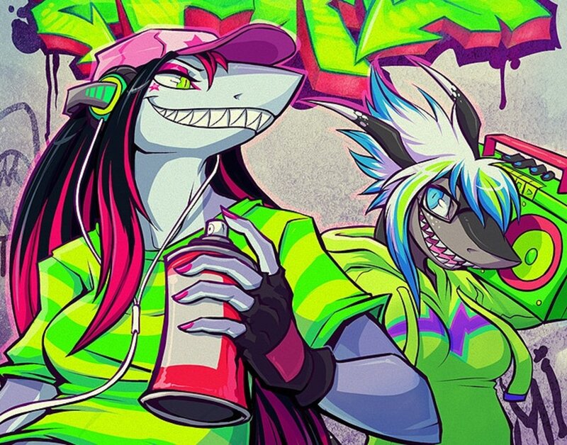 two sharks with spray cans