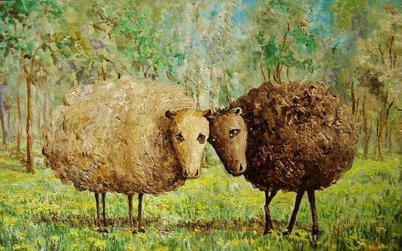 Two Sheep in Field — Green