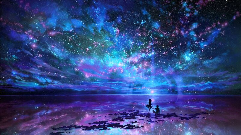 Two Silhouetted Figures — Blue, Serene, Night, Digital Art