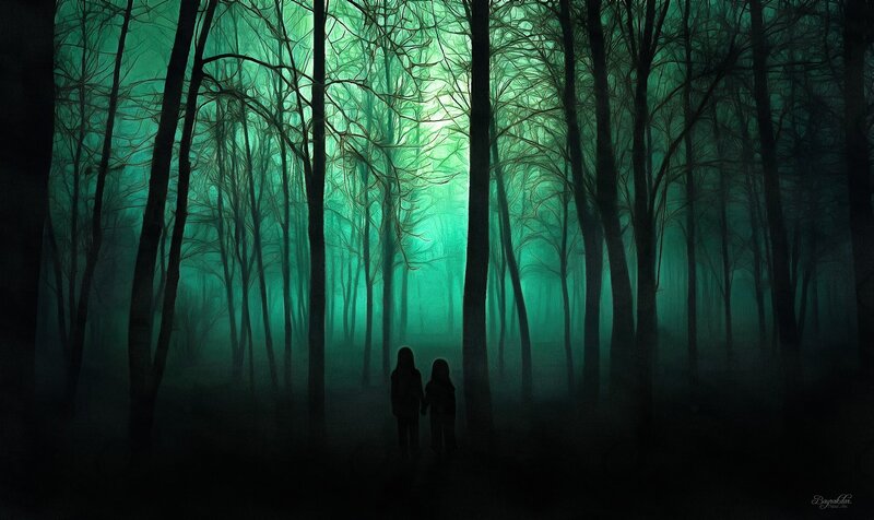 Two Silhouetted Figures — Green, Mysterious