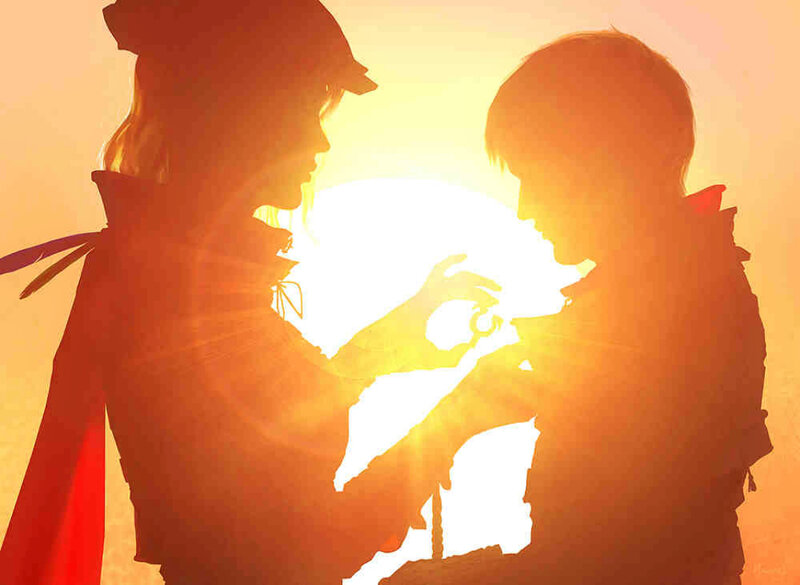 Two Silhouetted Figures — Orange, Dramatic