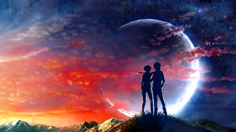 Two Silhouetted Figures — Red