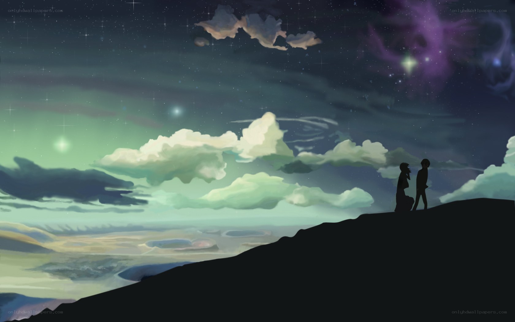 Two silhouettes on a hill at night