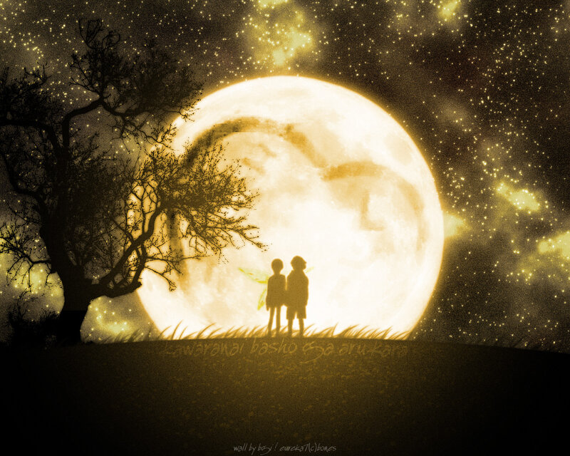 Two silhouettes under a full moon