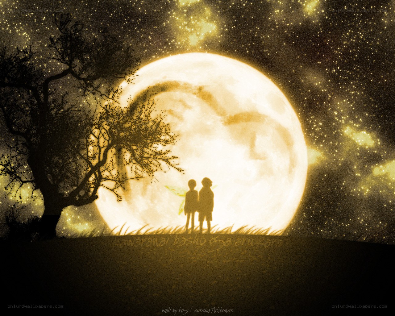 Two silhouettes under a full moon