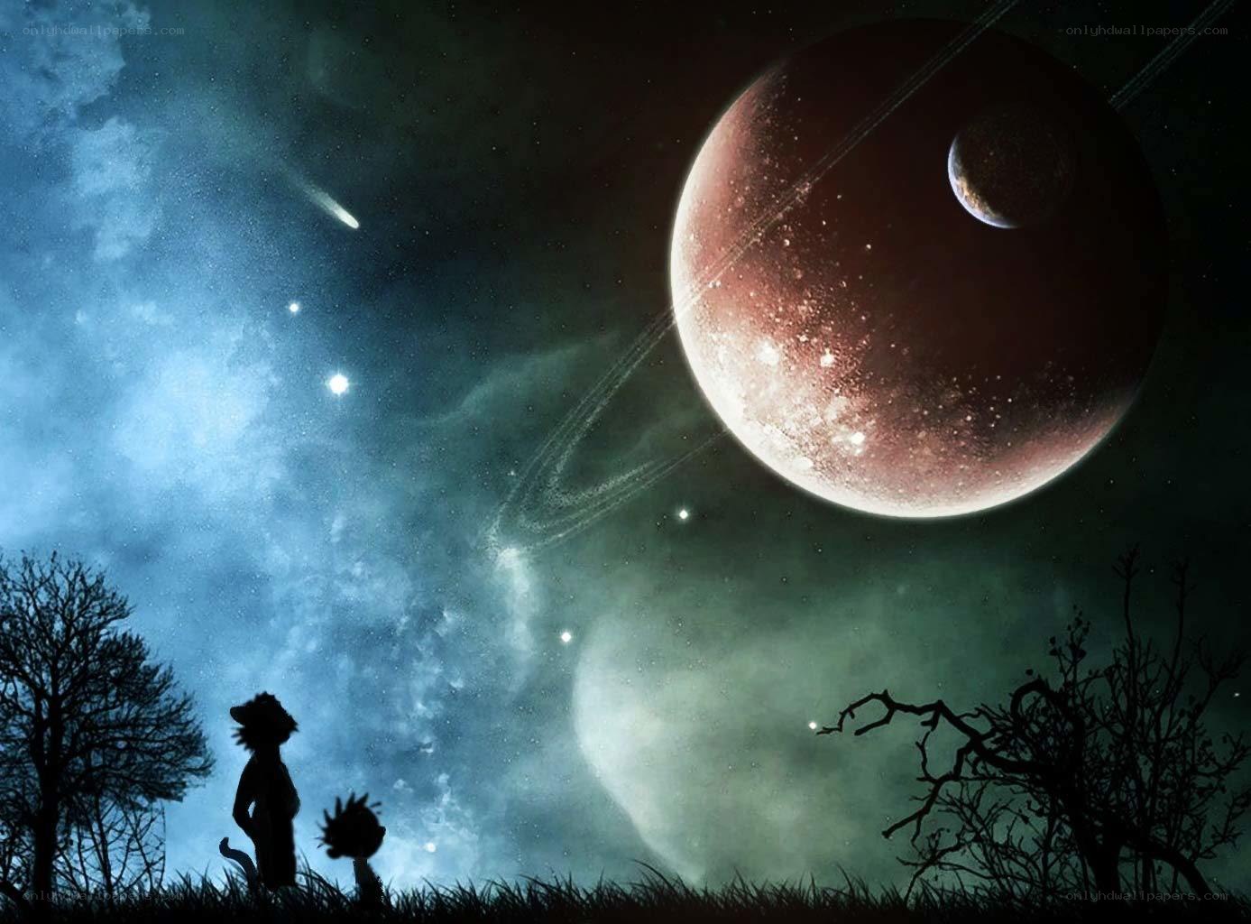 Two silhouettes under a starry sky
