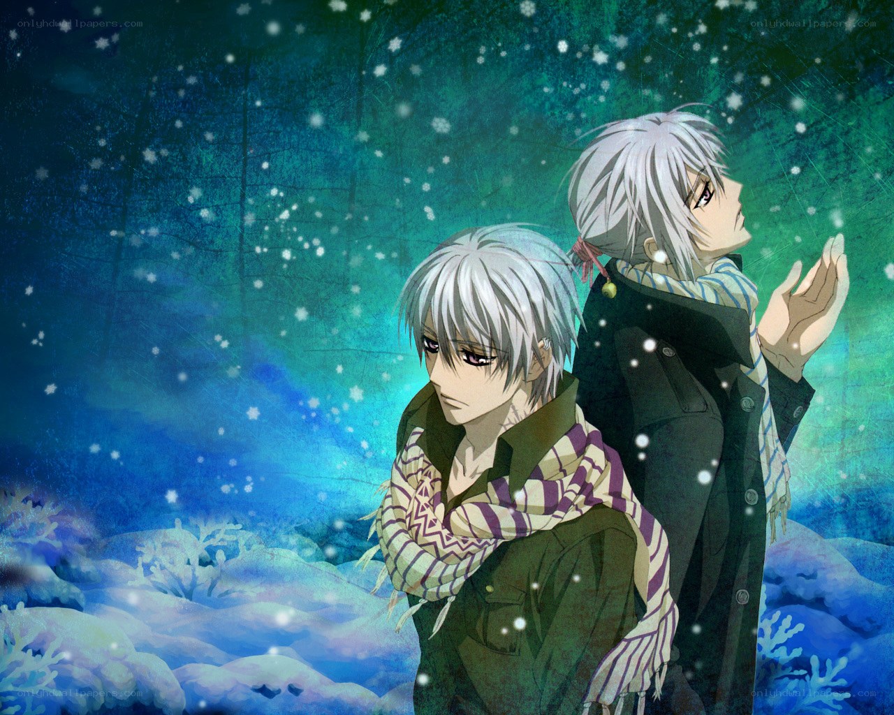 Two silver-haired boys in a snowy forest