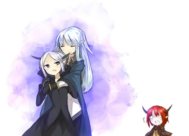 Two silver-haired characters hugging