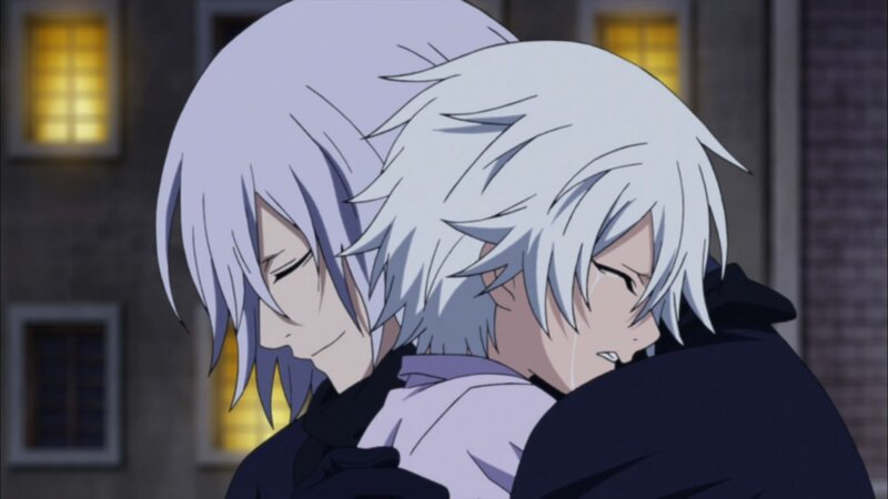 Two Silver-haired Characters Hugging — White