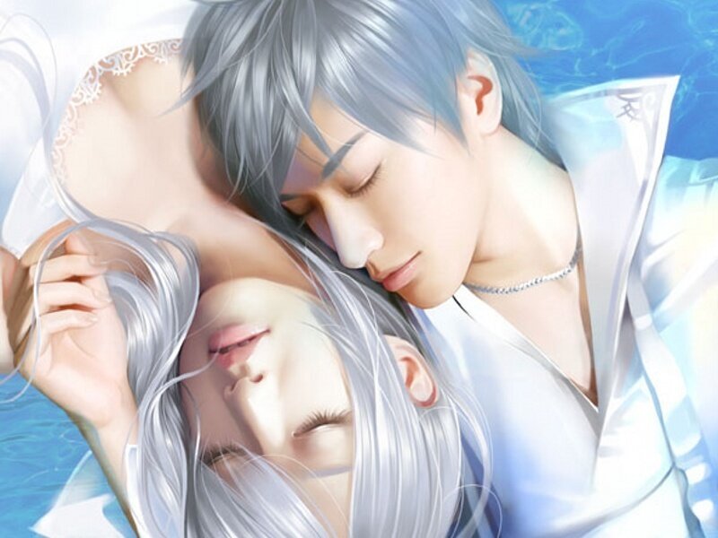 Two silver-haired figures in water
