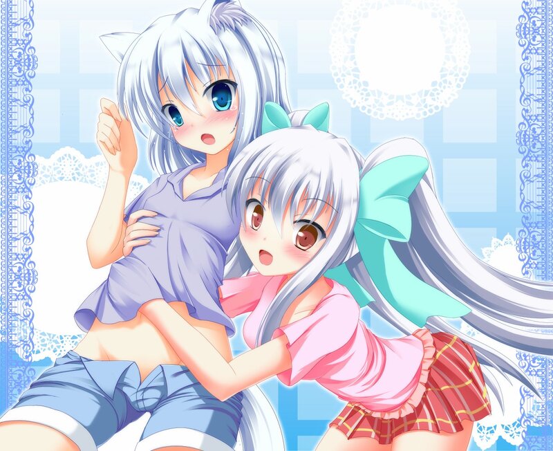 Two Silver-haired Girls — Blue, Playful, Anime