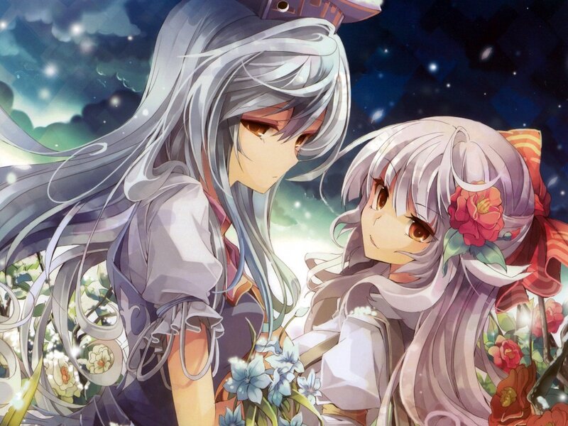 Two silver-haired girls in a flower garden