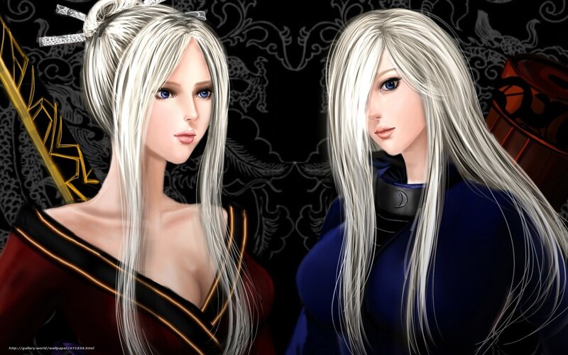Two silver-haired women in fantasy attire