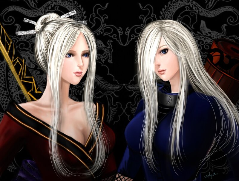 Two silver-haired women in traditional attire