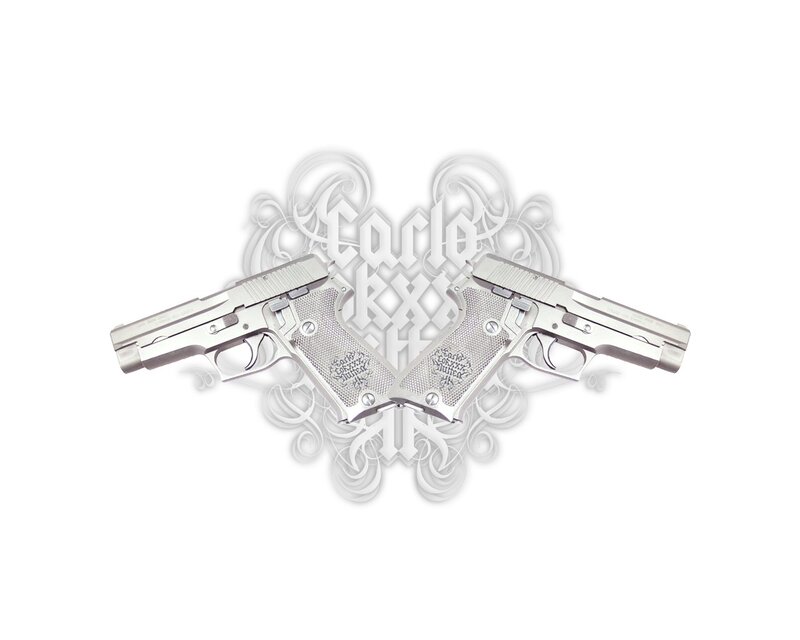 Two silver handguns crossed