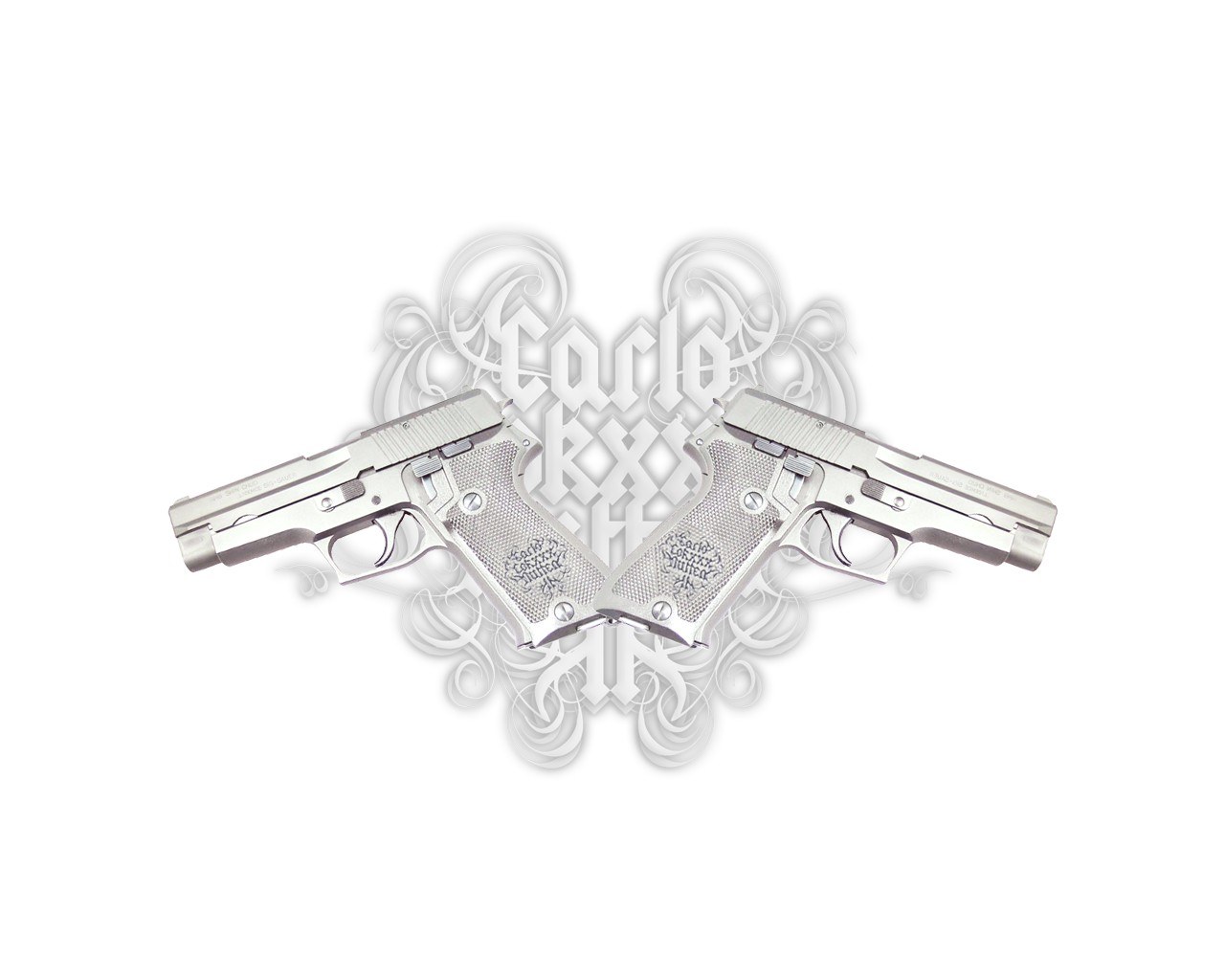 Two silver handguns crossed