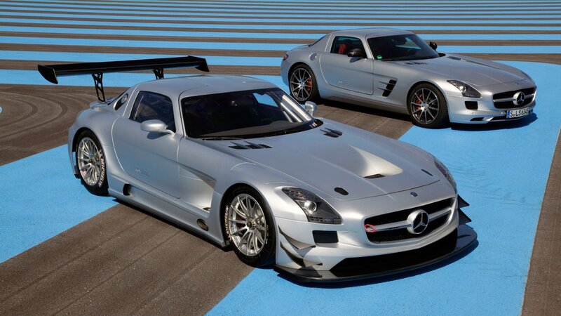 Two silver Mercedes-AMG GT3 cars