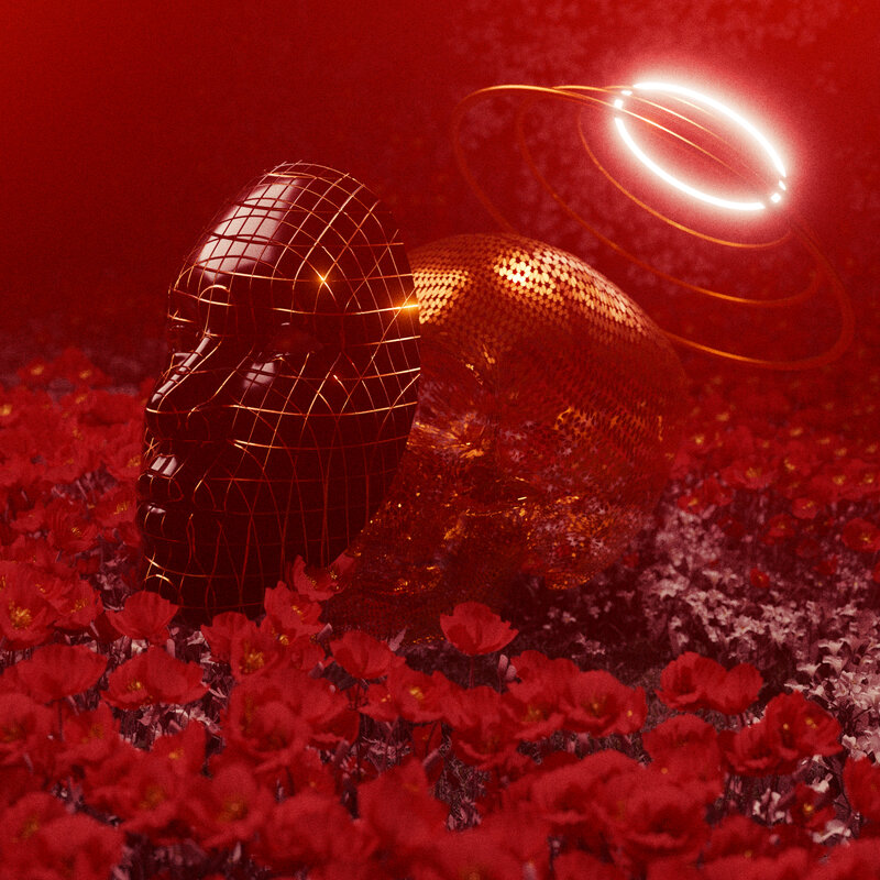 Two Skulls in Red Flowers