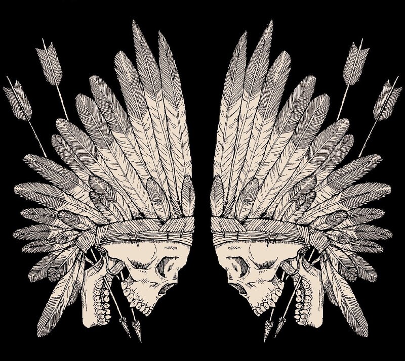 Two Skulls with Feather Headdresses
