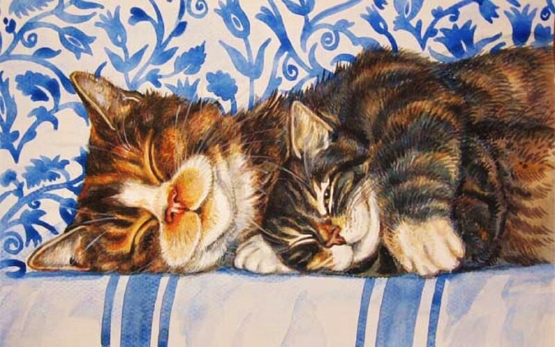 Two Sleeping Kittens — Blue, Peaceful, Painting