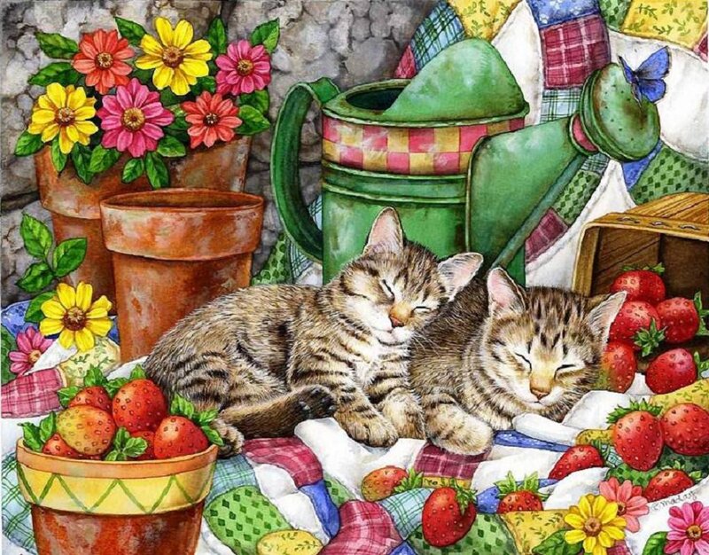 Two Sleeping Kittens — Green, Peaceful, Spring, Illustration