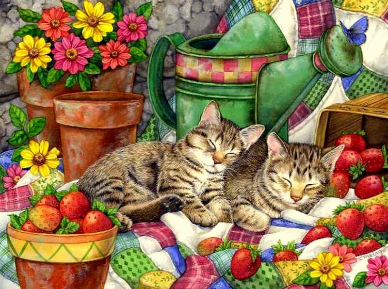 Two Sleeping Kittens — Green, Peaceful