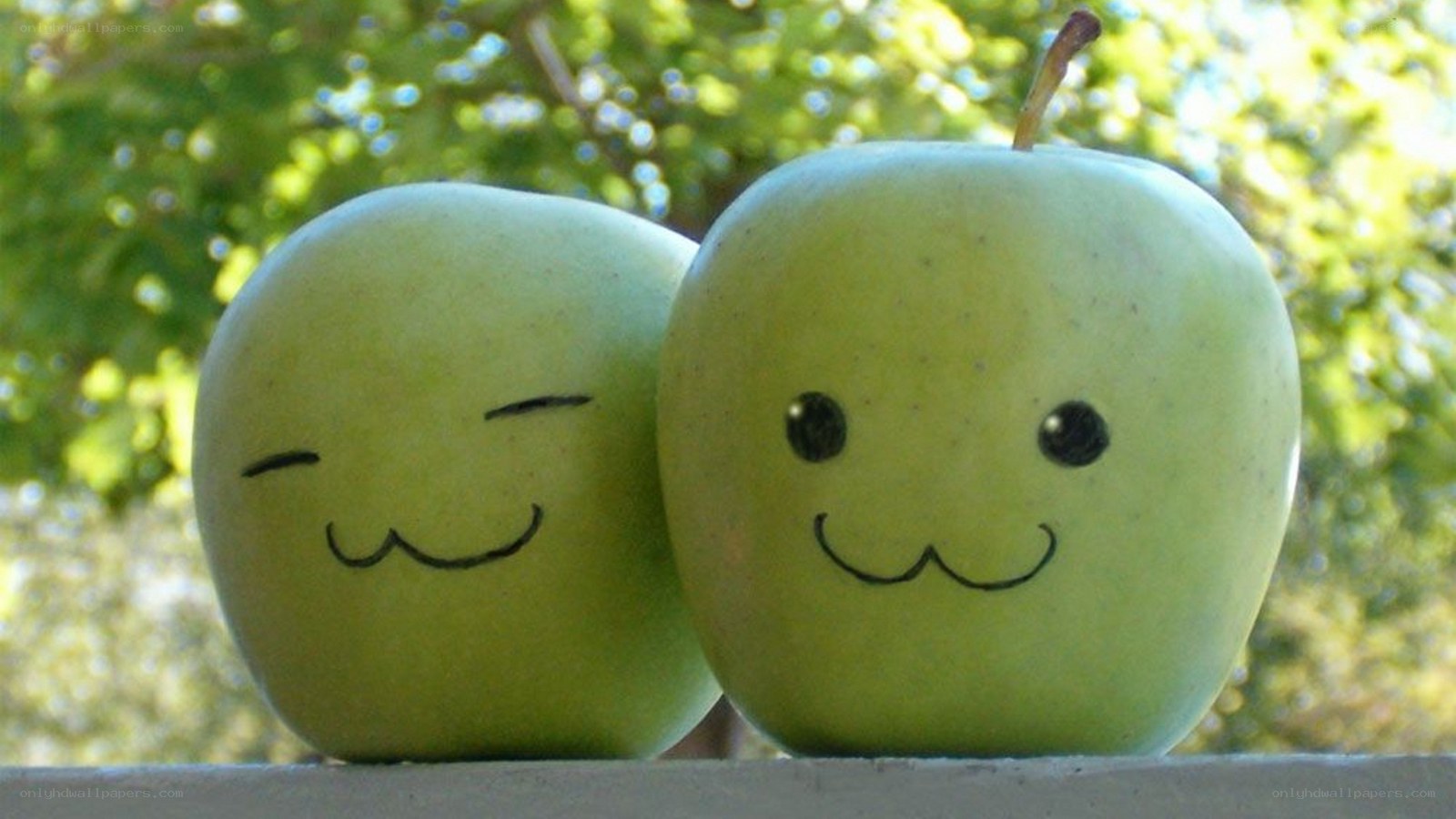 Two smiling green apples
