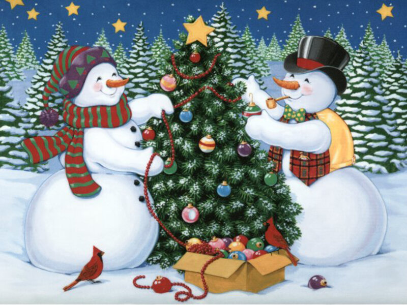 Two Snowmen Decorating Tree