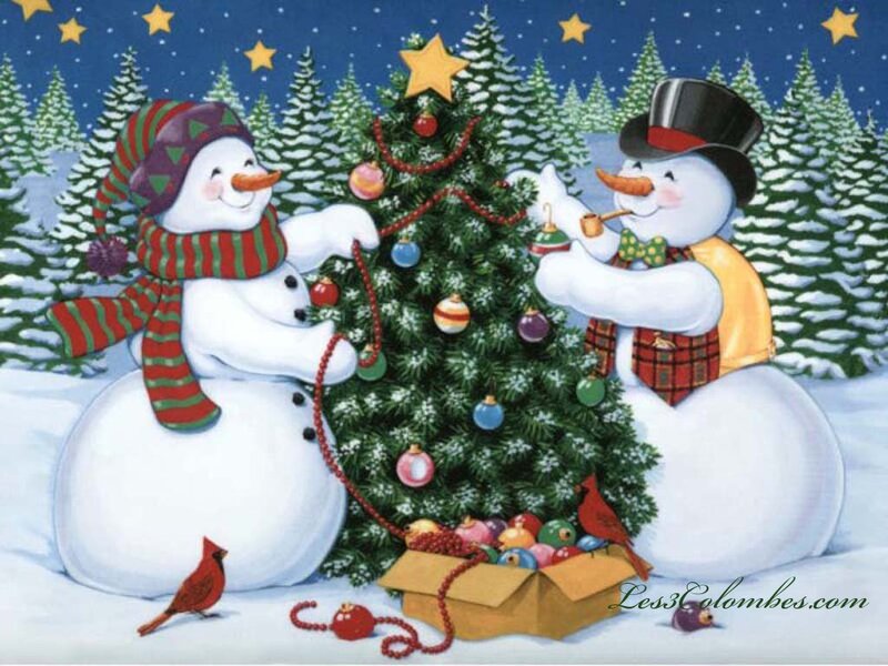Two Snowmen Decorating Tree — White, Festive
