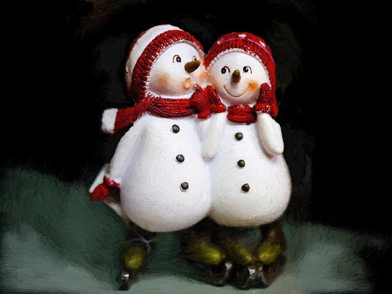 Two Snowmen Figurines — White, Festive, Winter, Digital Art