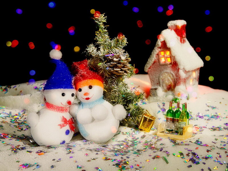 Two Snowmen Figurines — White, Festive, Winter, Photograph, Christmas Tree, House