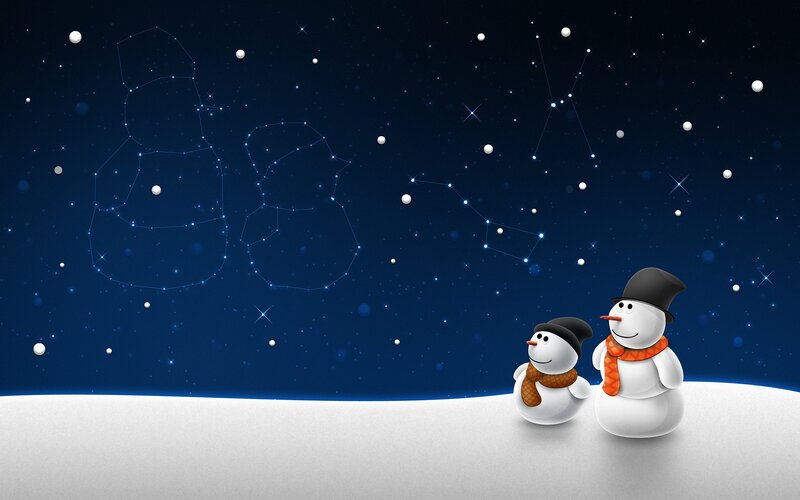 Two Snowmen in Snow — Blue, Peaceful, Night, Digital Art, Stars, Constellations