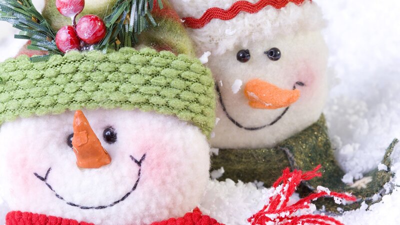 Two Snowmen in Snow — White, Festive, Winter, Photograph, Hat