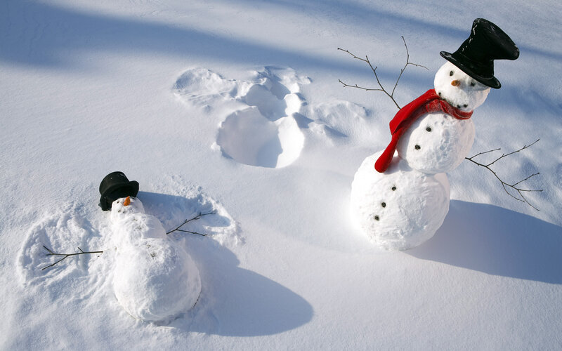 Two Snowmen in Snow — White, Peaceful, Winter