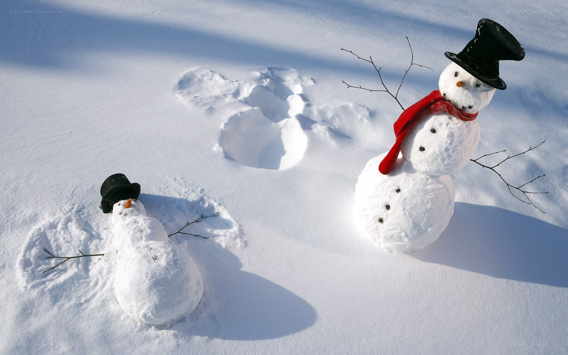Two snowmen in the snow
