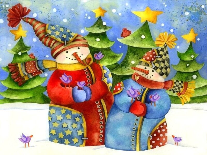 Two Snowmen in Winter — Blue, Festive, Illustration, Birds, Christmas Trees