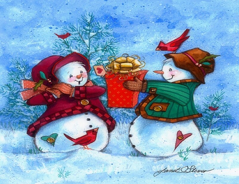 Two Snowmen in Winter — Blue, Festive, Illustration, Birds