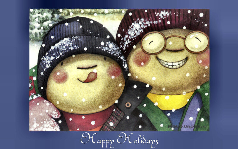 Two Snowmen in Winter — Blue, Festive, Illustration, Snow