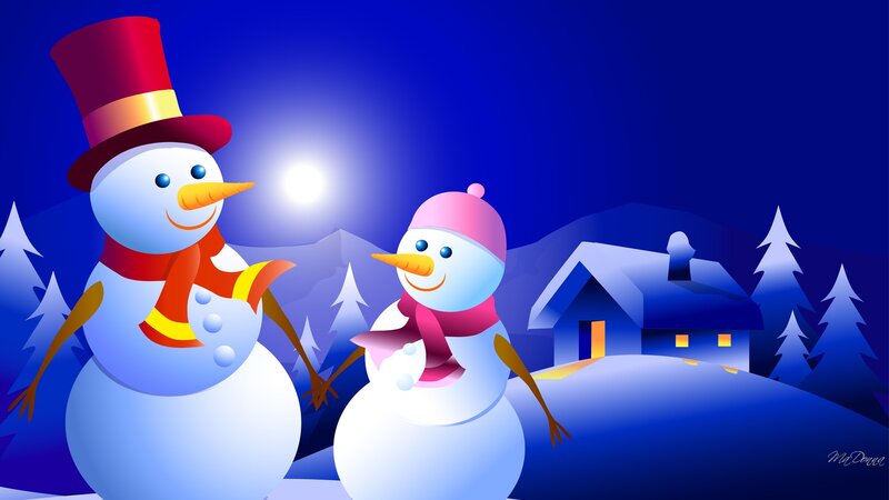 Two Snowmen in Winter — Blue, Festive, Night