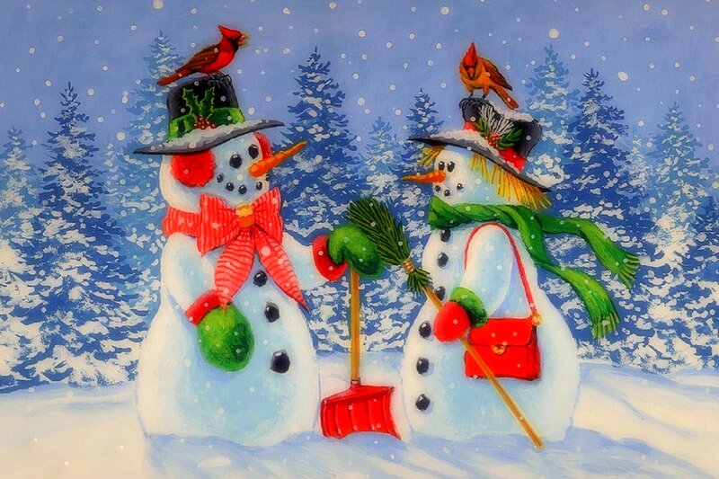 Two Snowmen in Winter — Blue, Festive, Painting, Cardinal Birds