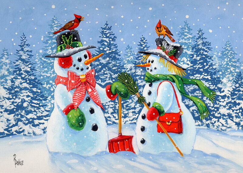 Two Snowmen in Winter — Blue, Festive, Painting