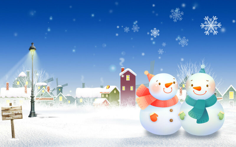Two Snowmen in Winter — Blue, Peaceful, Digital Art, Snowflakes